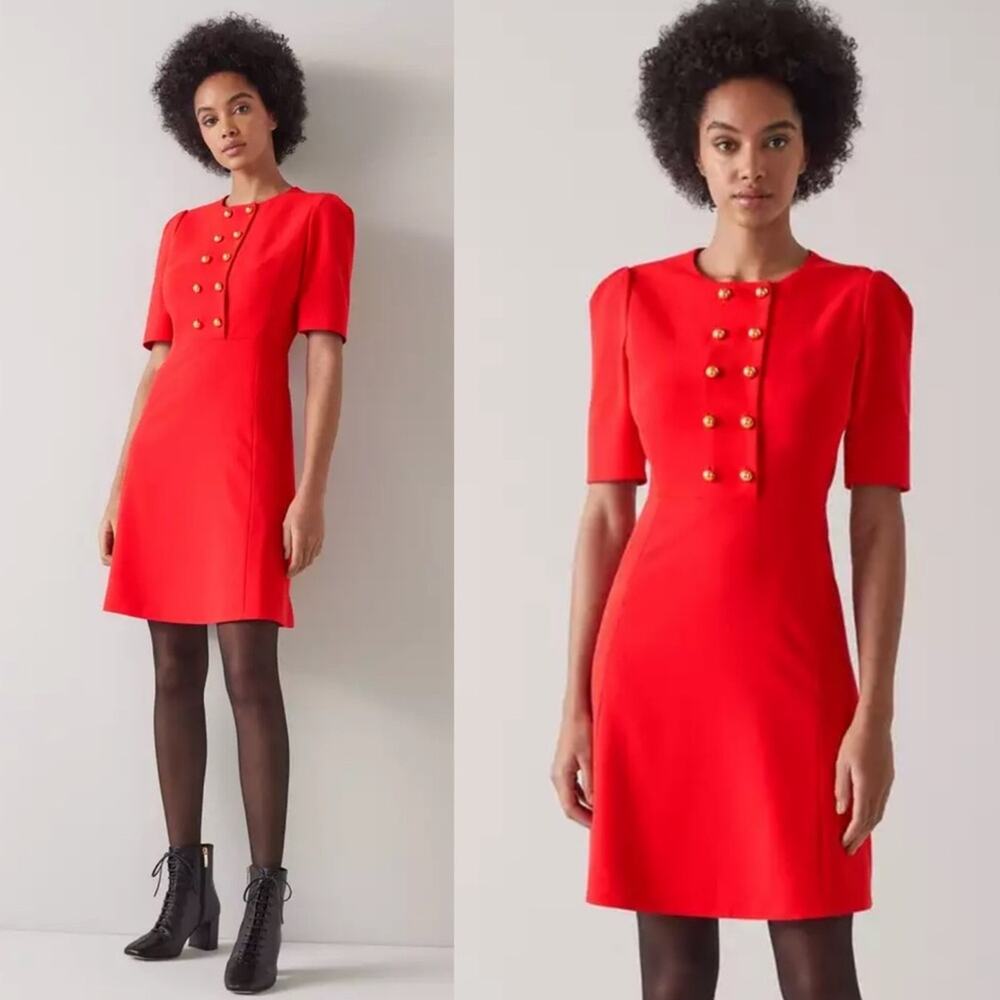 LK Bennett Rosie Tomato Red Recycled Crepe Dress Size 14
